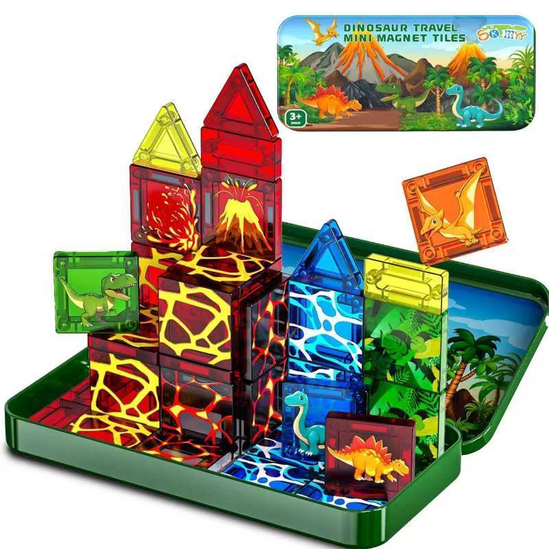 lot 12098 image: SKTMYY Mini Magnetic Tiles,Dinosaur Themed Travel Magnetic Tiles Set with Iron Box for Kids Ages 3,Car Airplane Travel Essential,Educational Preschool Toys,Birthday Gifts
