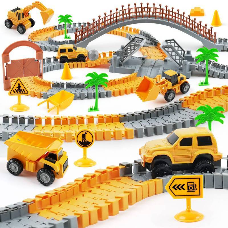 lot 19939 image: TGJH Construction Race Car Track Set for Kids - Flexible Engineering Toys with 2 Electric Cars, Birthday Gift for 3 4 5 6 7 Year Old Boys, DIY Road Games Playset with 220 PCS