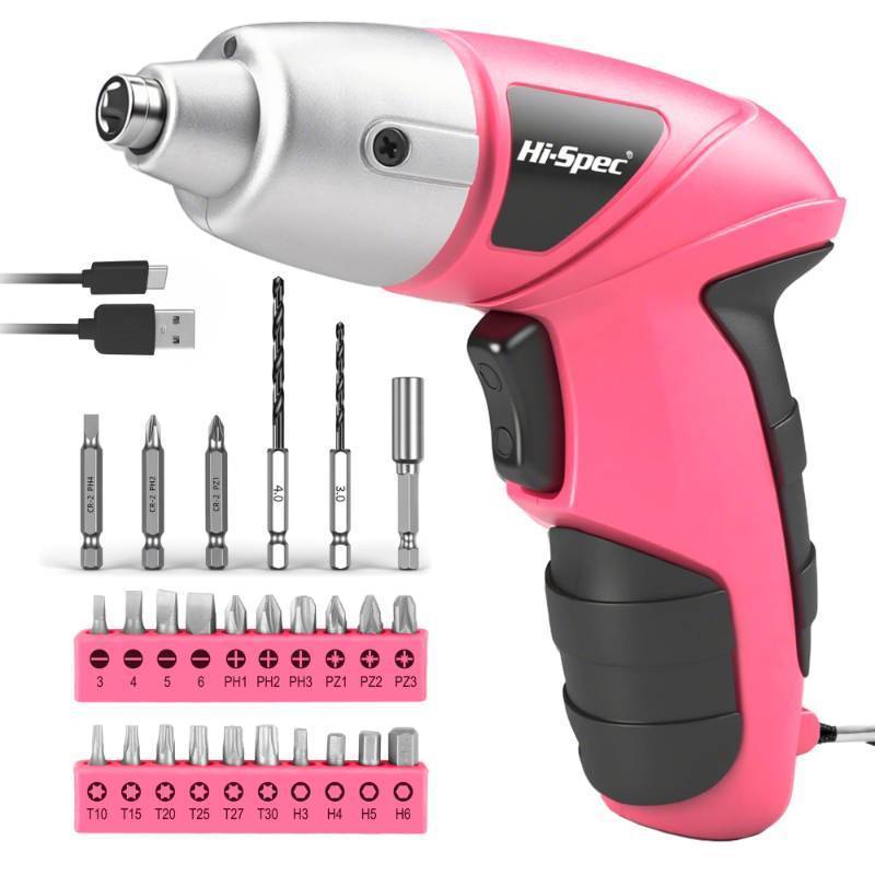 lot 12100 image: Hi-Spec Small Electric Screwdriver, Mini Drill Set, Rechargeable 3.6V Cordless Screwdriver with 26 Driver Bits, Power Tool for Small Projects & Home Use, Pink