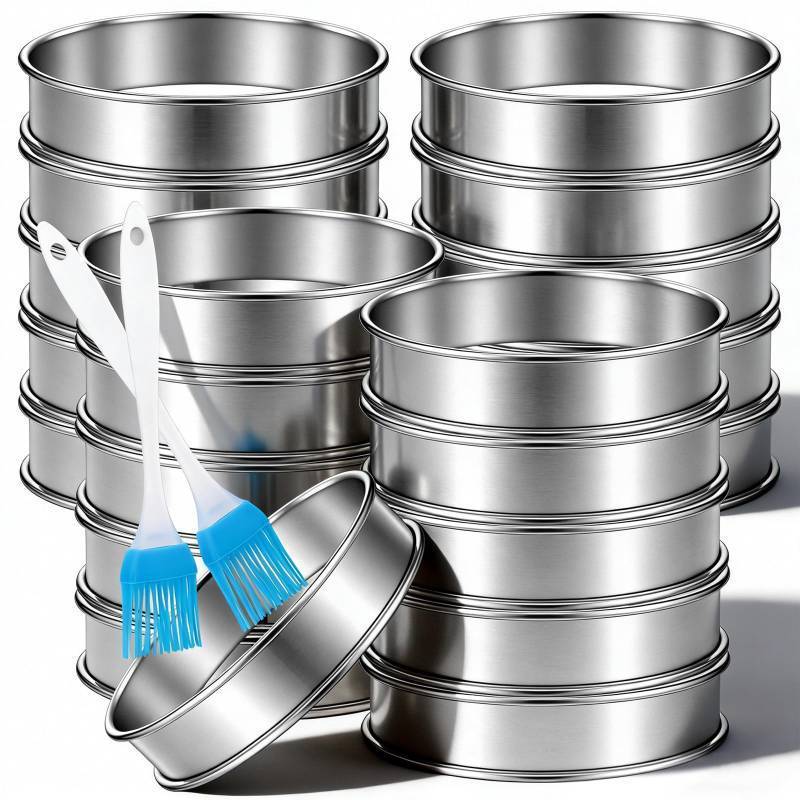 lot 19985 image: 25 Pack 4 Inch English Muffin Rings, Stainless Steel Double Rolled Crumpet Rings with Silicone Brushes - Nonstick Metal Tart & Pastry Molds for Baking, Eggs, Pancakes