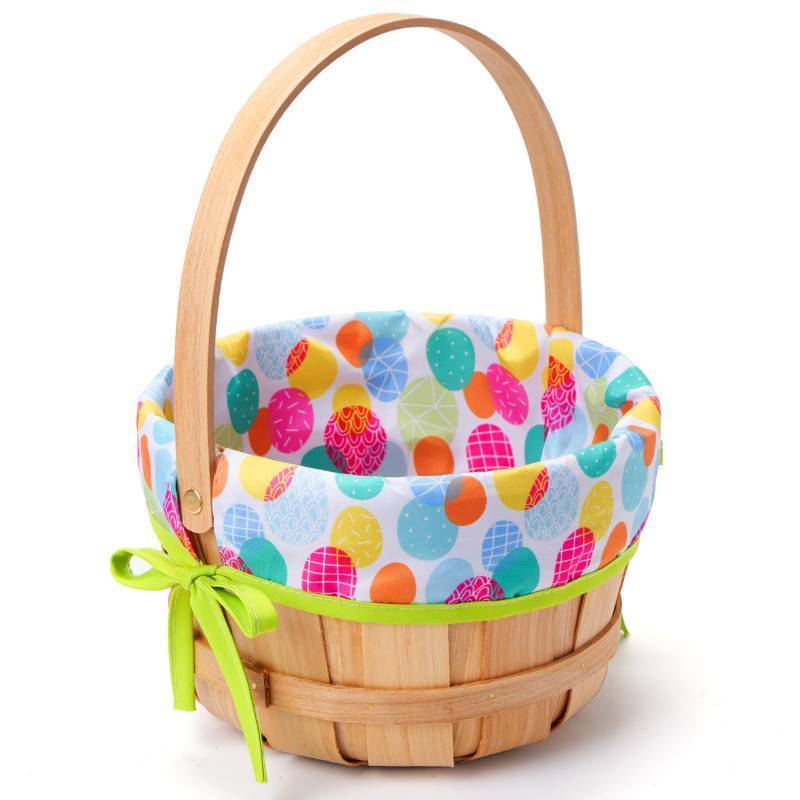 lot 11099 image: JOYIN Easter Wooden Basket with Liner, Portable Wood Buckets with Folding Handle, Easter Eggs Candies Party Favor Storage Container, Empty Gift Basket for Egg Hunt, Kids Party Treats & Picnic