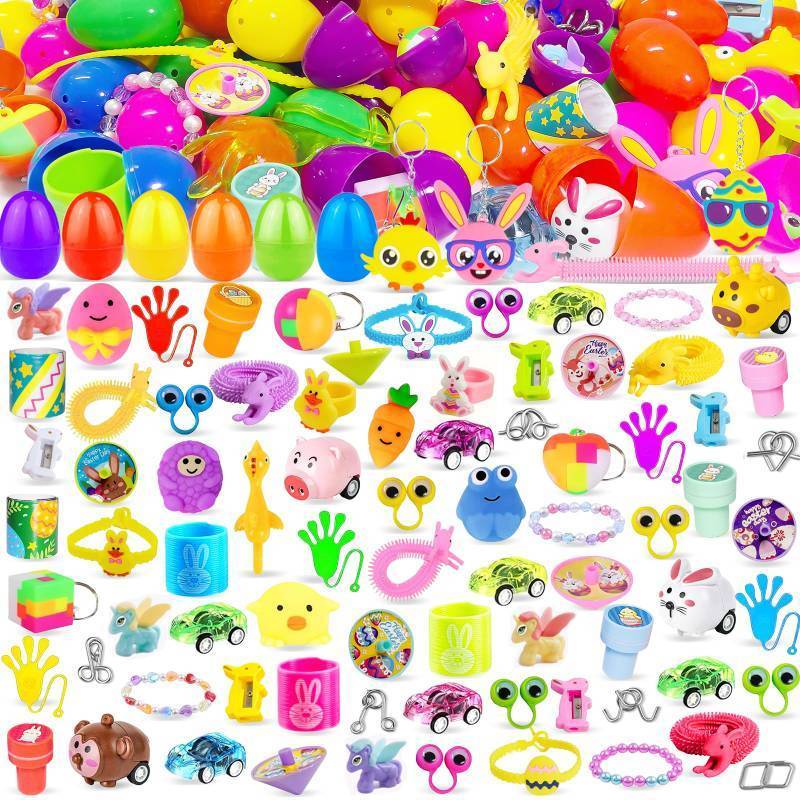lot 11036 image: 100PCS Prefilled Easter Eggs with Novelty Toys, Plastic Easter Egg Fillers Toys Bulk for Easter Egg Hunt, Easter Basket Stuffers for Kids Toddler Boys Girls Goodie Bag Easter Eggs Filled Party Favors