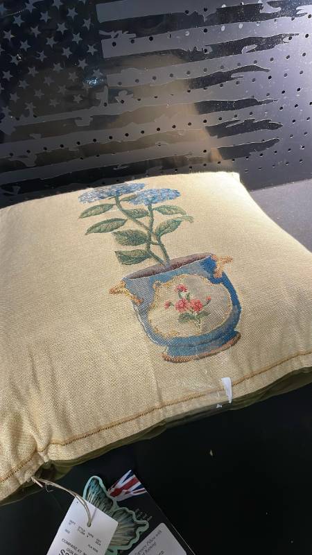lot 12076 image: Hines of Oxford Blue Hydrangea Cotton Tapestry Pillow with Velvet Backing 16In x 16In
