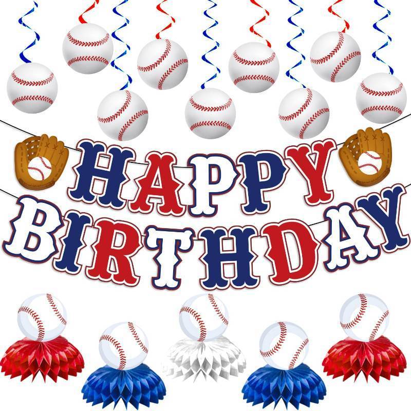 lot 12060 image: Baseball Birthday Party Decorations, Baseball Themed Party Decorations Include Happy Birthday Banner Baseball Hanging Swirls and Honeycomb Centerpiece Baseball Party Supplies