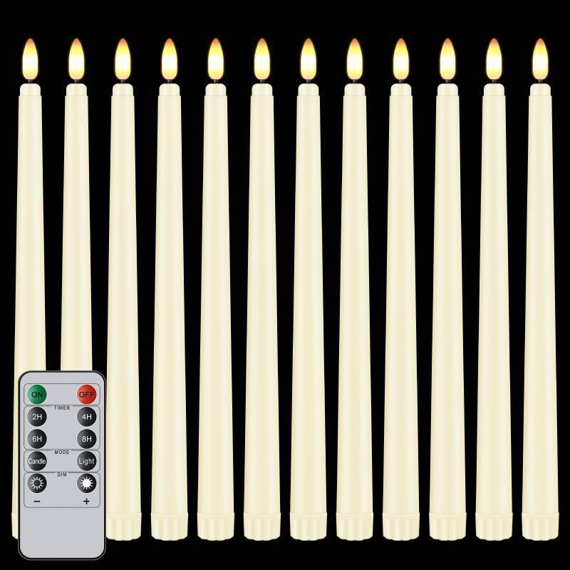 lot 14121 image: Hopule 12 Pcs Flickering Flameless LED Taper Candles, 11 Long Fake Taper Candles Battery Operated with Remote Timer, Ivory Plastic Electric Candlesticks for Wedding Party Christmas Holiday