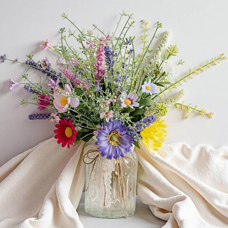 lot 11028 image: LUEUR Artificial Daisy Flowers Fake Silk Spring Colorful Flowers Fake Wildflowers Greenery Shrubs Plastic Plants Arrangements Bouquet for Home Indoor Table Vase Wedding Party Decor