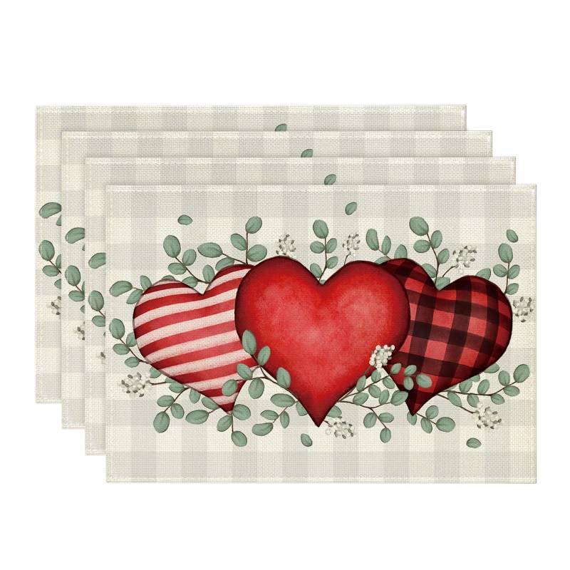 lot 12115 image: Artoid Mode Buffalo Plaid Eucalyptus Hearts Valentine Placemats Set of 4, 12x18 Inch Wedding Holiday Table Mats for Party Kitchen Dining Decoration