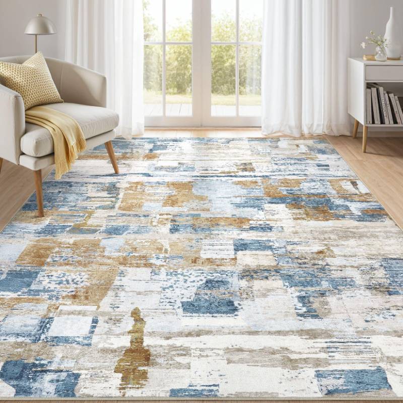 lot 11038 image: Abstract Living Room Rug 5x8 - Modern Washable Soft Thin Area Rug for Living Room Bedroom Under Dining Table - Neutral Indoor Floor Rug Carpets for Home Office Playroom Nursery - Blue