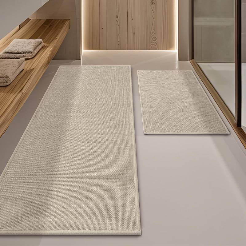 lot 12130 image: YIHOUSE Beige Bathroom Rug Sets 2 Piece, Absorbent Bath Mat for Bathroom Non Slip Washable, Bath Room Mat Quick Dry, Thin Bath Rug Set for Toilet and Floor(17x2417x47)