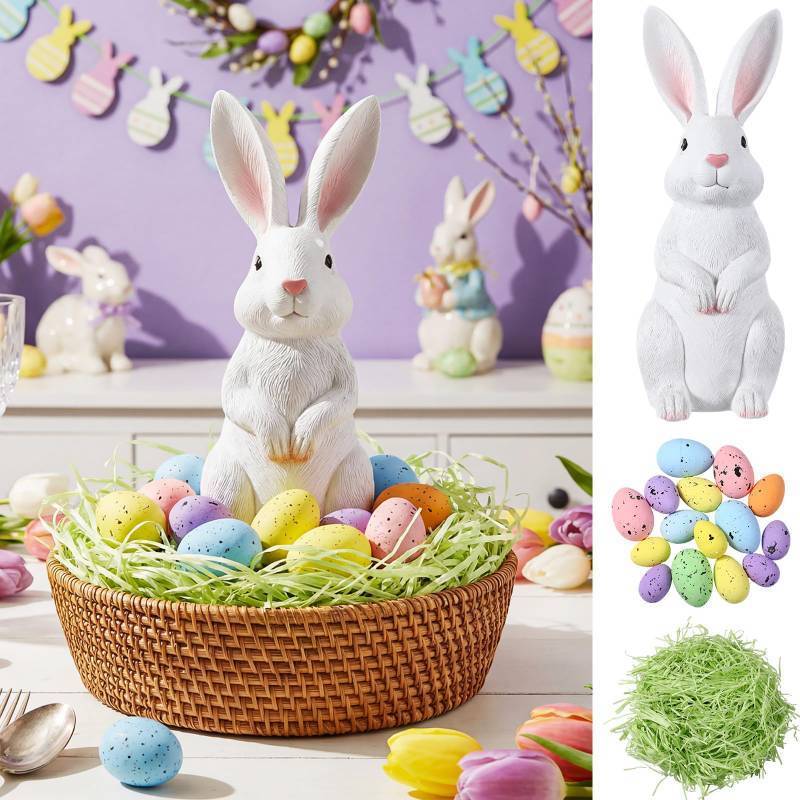 lot 19958 image: Bucherry 17 Pcs Cute Bunny Table Centerpiece Spring Tray Decorations Include Resin Bunny Decor 15 Pastel Faux Eggs and Raffia Grass Resin Rabbit Statue Table Centerpiece for Tables Spring Home Decor (RABBIT ONLY)