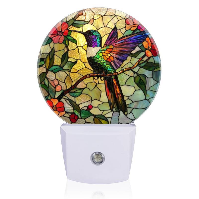 lot 20384 image: Mearafois LED Night Lights Lamp with Dusk to Dawn Sensor, Colorful Hummingbird Perched On Branch Night Light Plug Into Wall for Kids Room, Bedroom, Bathroom, Kitchen, Hallway