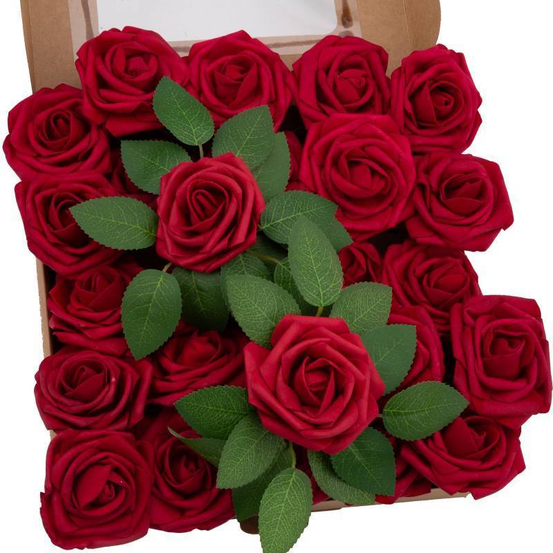 lot 11039 image: NONMON 100pcs Artificial Flowers Dark Red Rose Real Looking Fake Foam Roses with Stem for Valentines Day DIY Wedding Bouquets Bridal Shower Centerpieces Arrangements Party Home Decorations