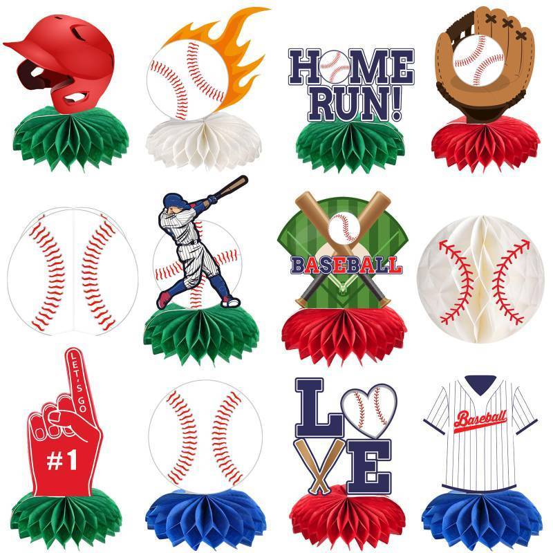 lot 14200 image: kockuu 12 Pcs Baseball Centerpieces for Party Table Decorations, Double-sided Baseball Honeycomb for Birthday Sports Theme Decor Supplies Favors
