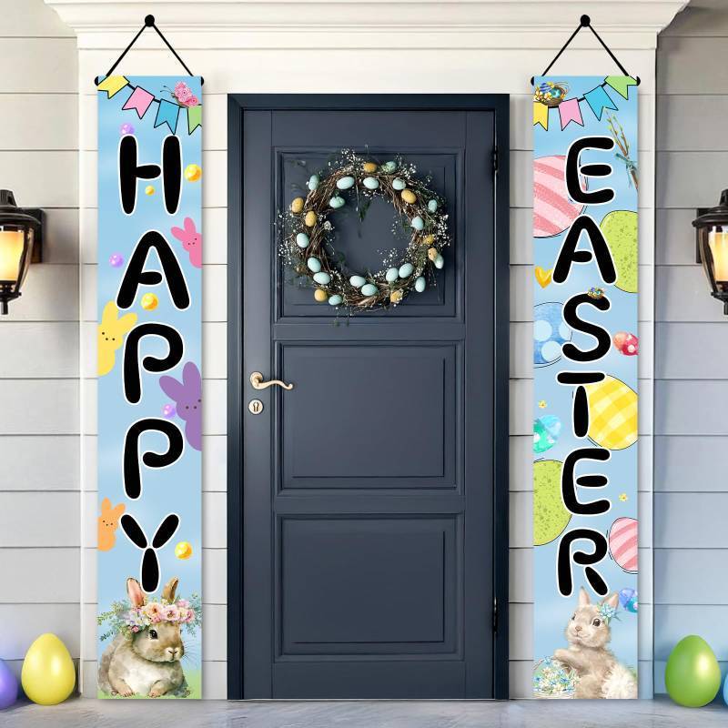 lot 20399 image: Easter Bunny Porch Banner, Carrot & Egg Front Door Decoration, Spring Welcome Flag for Outdoor Home Decor