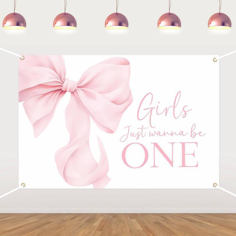 lot 14196 image: Girls Just Wanna Be One Backdrop Pink Bow 1st Birthday Backdrop for One Year Old Girl Pink Bow Tie First Birthday Decors Party Supplies Photo Props 5  3ft