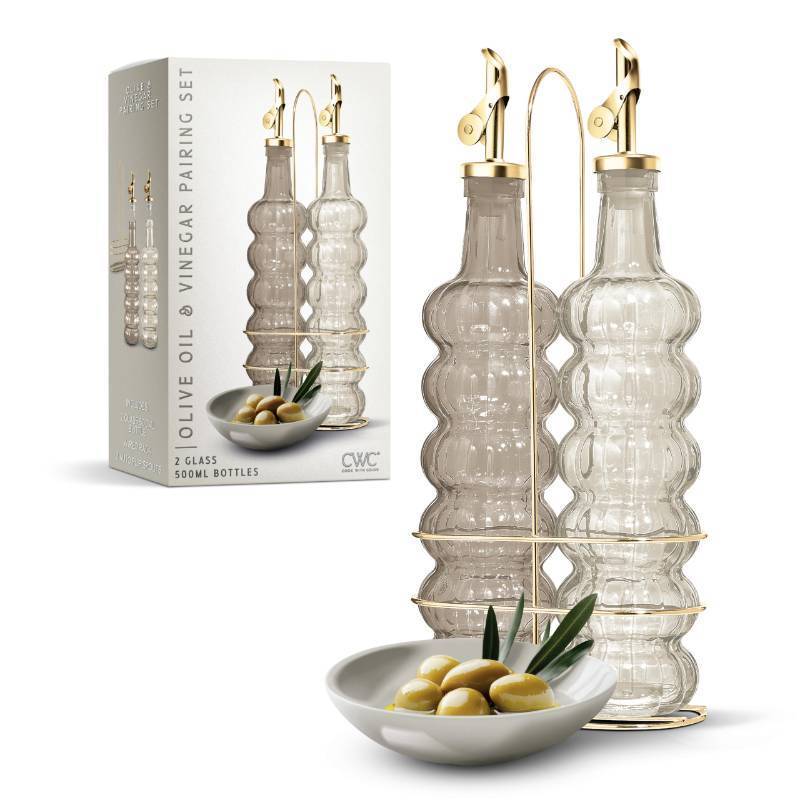 lot 11044 image: COOK WITH COLOR Glass Olive Oil Bottle Dispenser - 2 Pack- 17oz Oil and Vinegar Cruet - Olive Oil Carafe Decanter for Kitchen, Elegant Waves, Brown