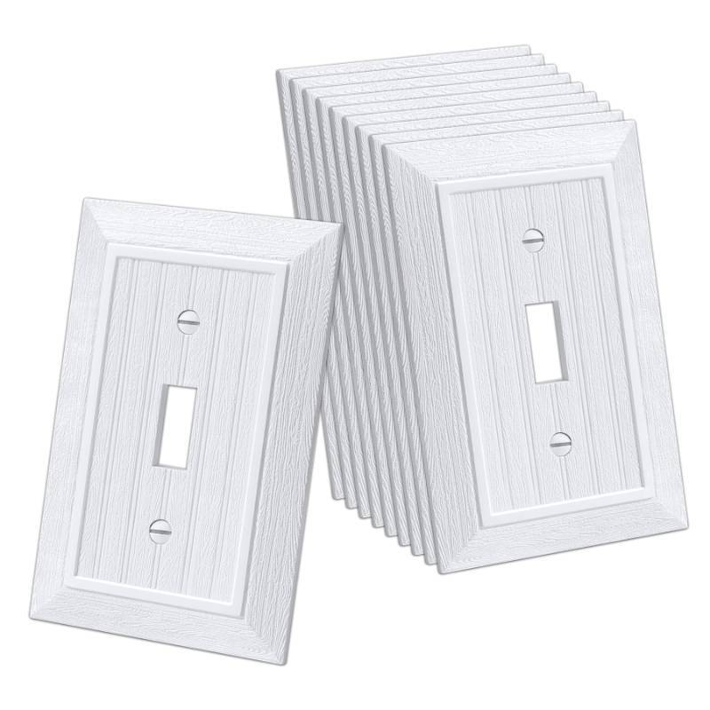 lot 20389 image: CML Classic Single Toggle Switch Wall Plate, 1-Gang Beadboard Outlet Cover, 10 Pack, Standard Size 3.15X 4.87, Vintage Retro Wood Grain Design, Impact Resistant, White
