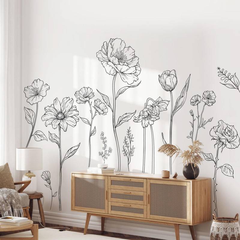 lot 14268 image: Large Black Boho Flower Wall Decals, 3 Sheets Simple Sketch Floral Wall Stickers Peony Wildflower Peel Stick Wall Art Decor Bedroom Home Room Office Garden Hall Adult Gifts for Mom(11.8x35.4 inSheet)
