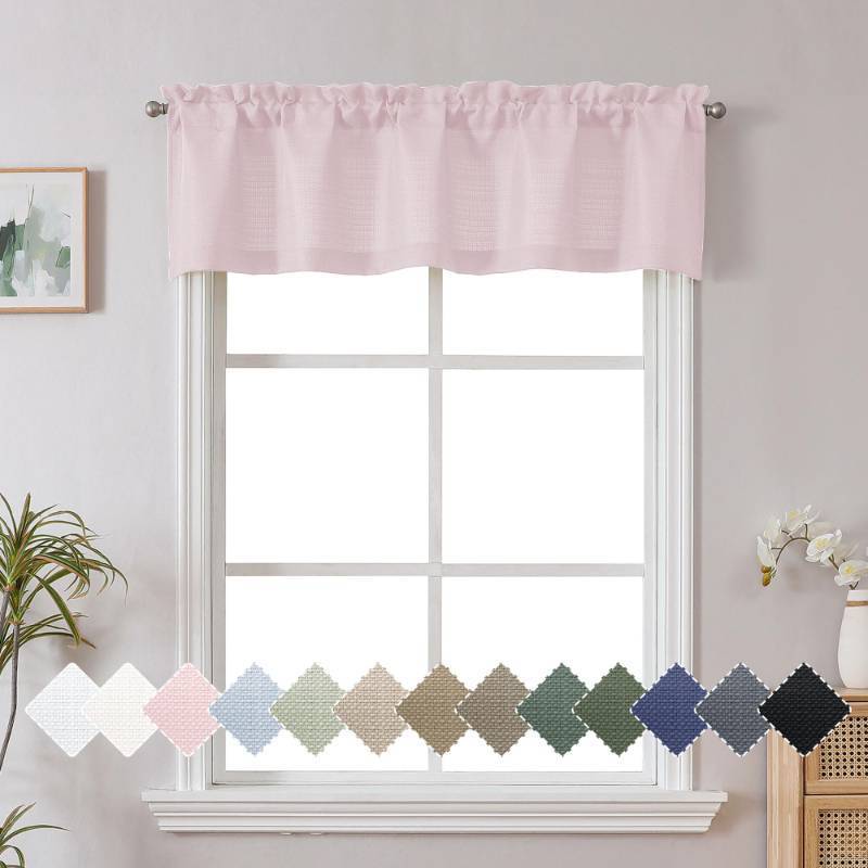 lot 12251 image: Chyhomenyc Blush Pink Valance for Windows, Light Filtering Faux Linen Textured Small Window Kitchen Curtain, Rod Pocket Short Valance for Bathroom Laundry Basement, 60Wx14L inch, 1 Piece