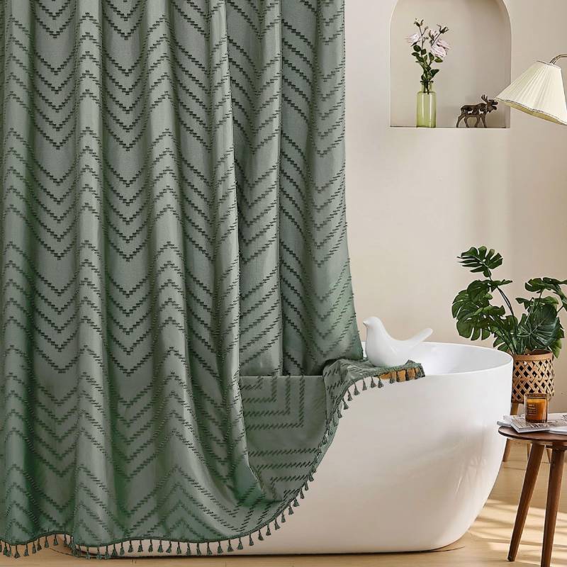 lot 20423 image: Siiluminisoy Sage Green Shower Curtain for Bathroom Boho Shower Curtain Cloth Textured Tufted Chevron Elegant Shower Curtains Waterproof for Bathroom 72 x 72