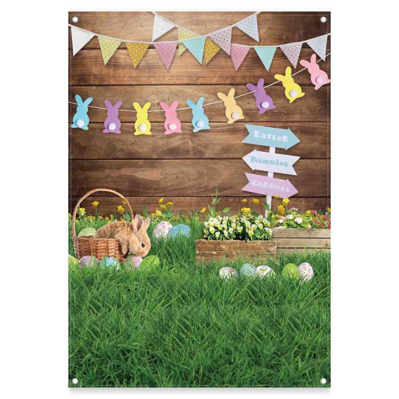 lot 12188 image: ZTHMOE 2D Digital Printing 5x7ft Durable Fabric Spring Easter Photography Backdrop Rabbit Eggs Wooden Wall Flowers Grass Background Bunny Flag Portrait Photo Booth Props