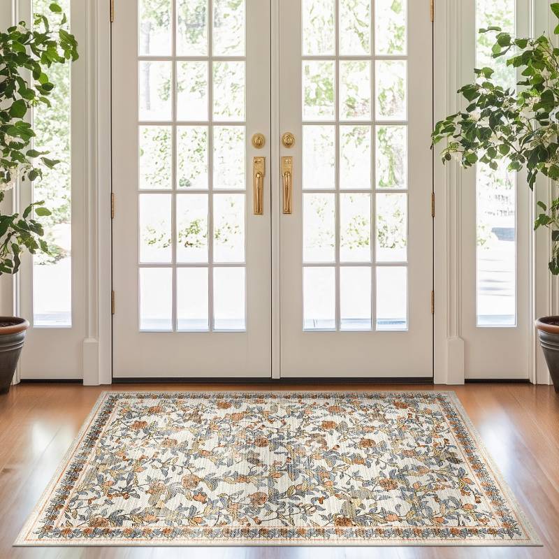 lot 14216 image: jinchan Eden Floral Washable Area Rug 3x5 Entryway Rug Vintage Lightweight Soft Non-Slip Indoor Low Pile Distressed Orange Fall Decor Carpet for Living Room Bedroom Entrance Laundry Nursery