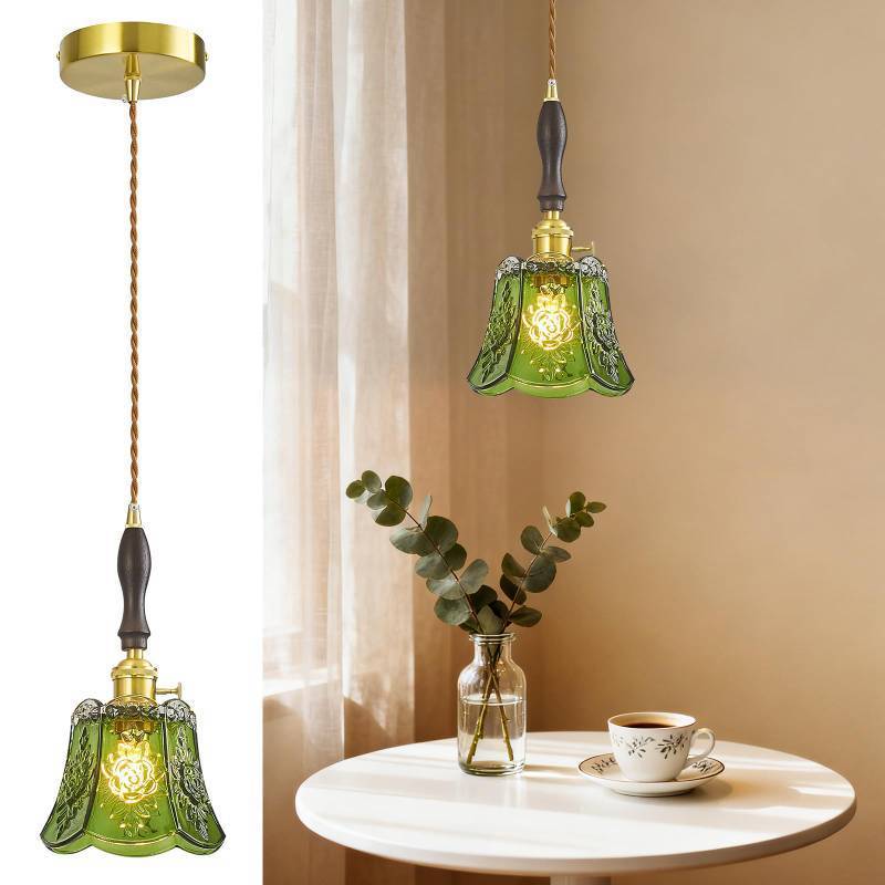 lot 11057 image: BBLLWJ Modern Green Pendant Light Brass Finish Hanging Lamp Fixture with Patterned Glass Shade & Walnut Wood Accent Vintage Hanging Lamp for Kitchen Island Dining Room Bedroom (1 Pack)