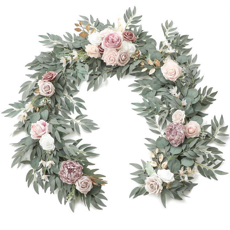 lot 13862 image: Floroom 6ft Artificial Eucalyptus Garland with Flowers Fake Greenery Faux Floral Vine Garland for Table Decor Wedding Centerpieces Bridal Shower Party Decorations, Garden Dusty Rose