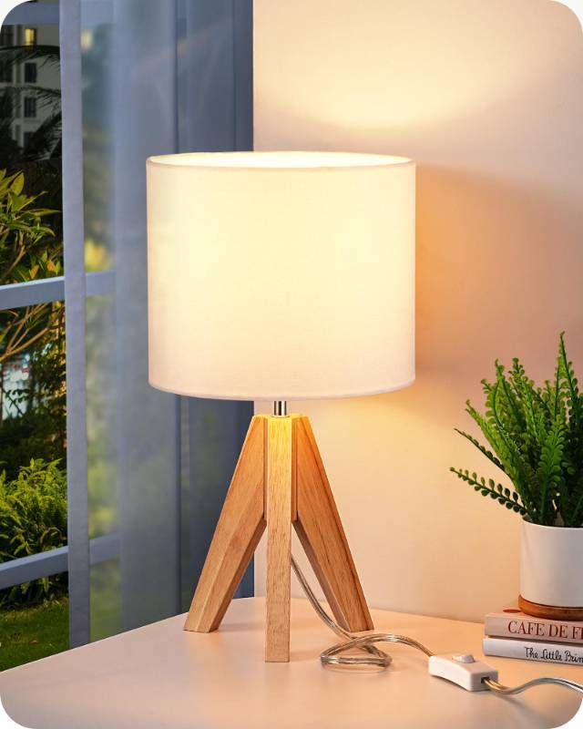 lot 13864 image: EDISHINE Small Cute Table Lamp, Wood Tripod Nightstand Lamp, Mid Century Bedside Lamp with Linen Fabric Shade for Nursery, Living Room, Bedroom, End Table, UL Listed, 14.2 Inch, ONOff Switch