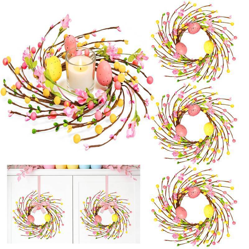lot 11051 image: 4 Pcs Easter Decorations Small Easter Wreath, 11 Inch Easter Decor Mini Easter Egg Wreaths with Flowers Berries Artificial Spring Wreath for Table Mantle Kitchen Cabinets Door Window Wall Home Decor