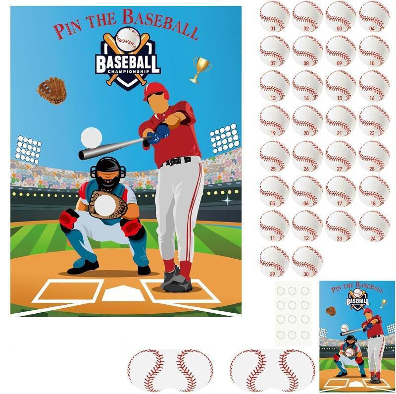 lot 14198 image: PLULON Pin The Baseball Party Game for Kids Pin The Baseball on The Glove and Bat Large Poster with Stickers for Boys Girls Birthday Party Wall Decorations Classroom Activities