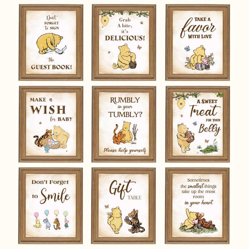 lot 12166 image: 97 Decor Classic Pooh Bear Baby Shower Decorations - 9 Winnie Table Signs Decor, Vintage Pooh Quotes Winnie Party Supplies, Baby Welcome Sign For Birthday Parties, Gender Reveal, Table Centerpieces