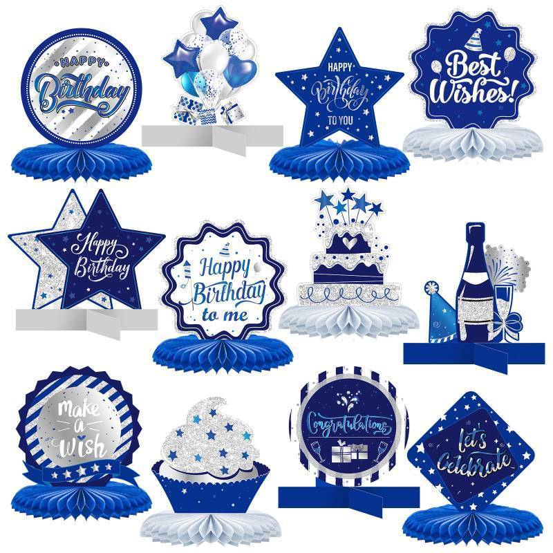 lot 14252 image: Clabby 12 Pieces Birthday Table Decorations Blue Honeycomb Centerpieces for Table Decor Cute Birthday Honeycomb Topper for Women Men Anniversary Theme Party Supplies Photo Props