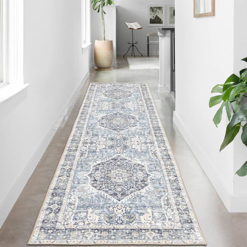 lot 11080 image: Domitapis Runner Rug 2�8, Vintage Boho Rug,Ultra-Soft Low Pile, Washable, Non Slip,Stain Resistant Printed Carpet for Hallway Kitchen Living Room Bedrooms Playroom Office, Light Blue