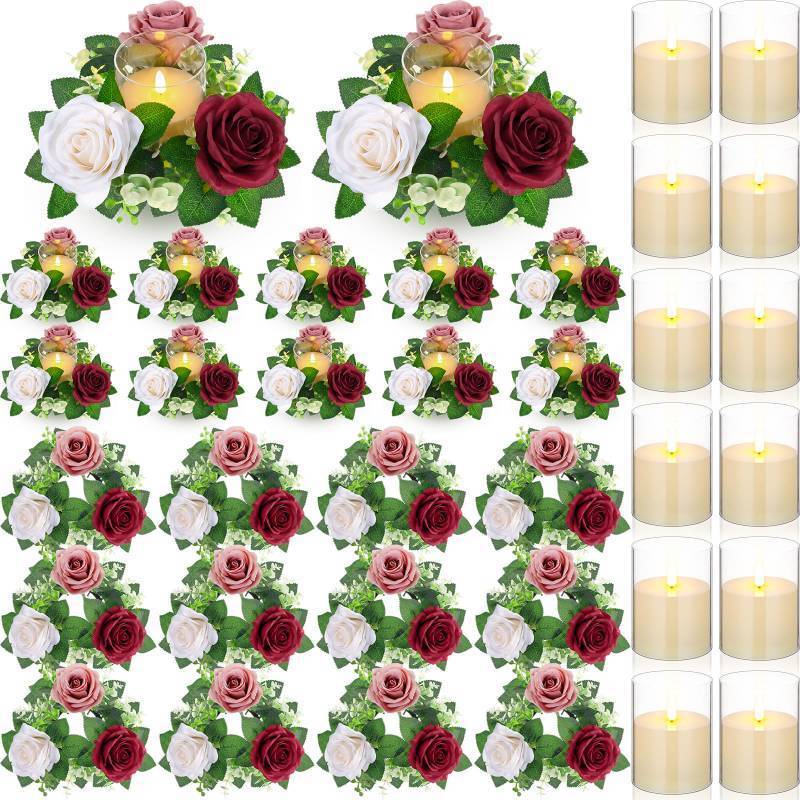 lot 13872 image: Yunlly 12 Pcs Rose Candle Rings with Flameless Candles Sets, Artificial Flower Eucalyptus Wedding Centerpiece 3 Inch Pillar Candleholders Wreaths for Wedding Party Mothers Day (Red��Pink��White)