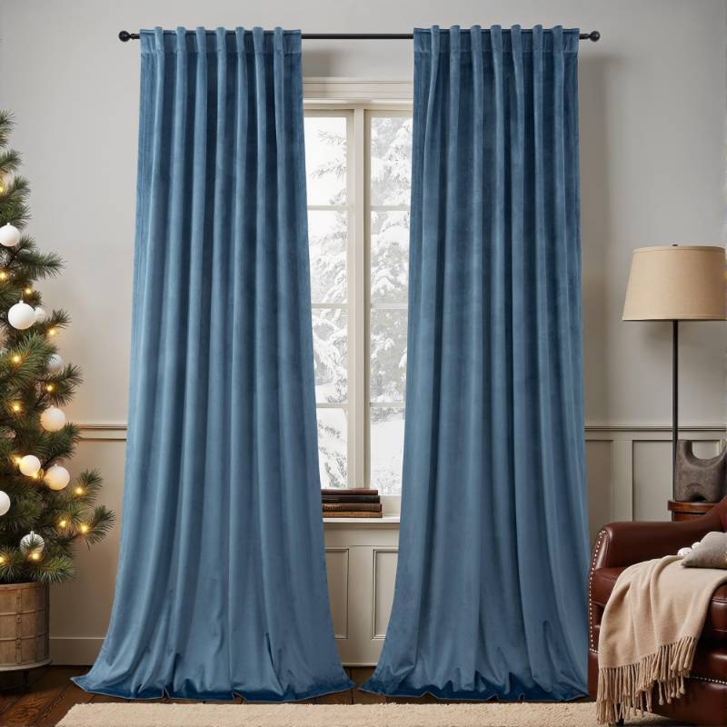 lot 14255 image: Stone Blue Velvet Curtains 90 Inch Length 2 Panels Classic Solid Contemporary Coastal Thermal Insulated Room Darkening Light Blocking Window Drape for Living Room Boys Bedroom 90 Long Back Tab Pocket