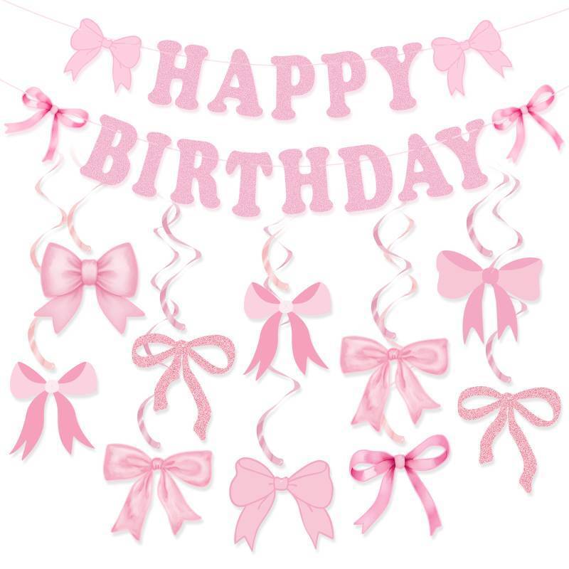 lot 12195 image: Bow Birthday Party Decorations, Cute Pink Bow Birthday Banner Bows Party Hanging Swirls Set for Women Girls Bows Party Decorations, Baby Shower Party Decor Supplies