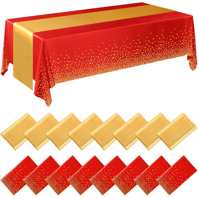 lot 20439 image: Tudomro 16 Pcs Red and Gold Disposable Plastic Tablecloths and Satin Table Runner Set 54x108 Inch Tablecloth 12x108 Inch Table Runners for New Year Wedding Birthday Baby Shower Graduation