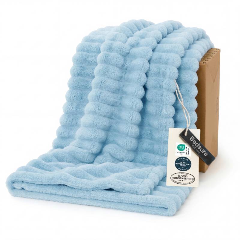 lot 14256 image: Bedsure GentleSoft Blue Throw Blanket for Couch - Cozy Soft Blankets for Women, Cute Small Fleece Throw for Girls, Spring Decorations for Home Room Decor Gifts for Women Her, Light Blue, 50x60 Inches
