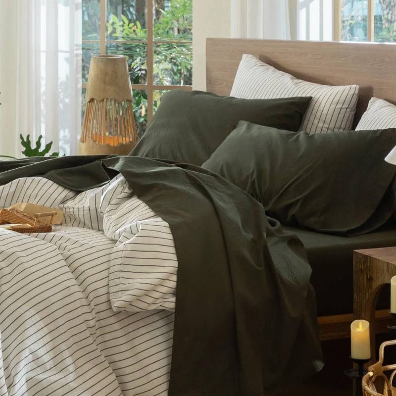 lot 11031 image: MooMee Bedding Sheet Set 100% Washed Cotton Linen Like Textured Breathable Durable Soft Comfy (Solid Olive Green, King)