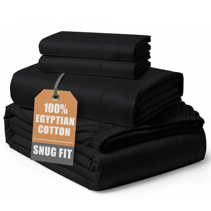 lot 12054 image: 100% Egyptian Cotton Sheets Queen Size Bed Set �� Naturally Cooling & Breathable Sateen Queen Sheets Set, Authentic Long-Staple Cotton for Lasting Softness, Snug Fit 15 Deep Pocket Fitted - Black
