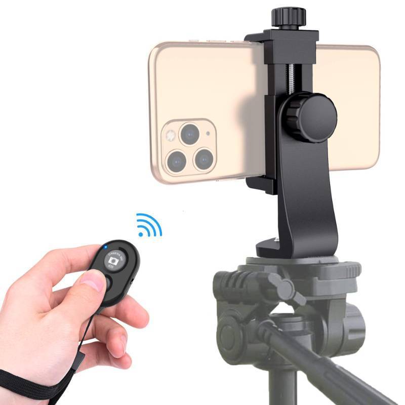 lot 12149 image: Universal Phone Tripod Mount Adapter with ��ireless Camera Remote , Cell Phone Holder with Adjustable Clamp for Selfie Stick Monopod Compatible with iPhone, Samsung and so on , Wrist Strap Included