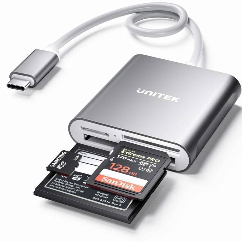 lot 4252 image: Unitek USB C SD Card Reader, Aluminum 3-Slot USB 3.0 Type-C Flash Memory Card Reader for USB C Device, Supports SanDisk Compact Flash Memory Card and Lexar Professional CompactFlash Card - Grey