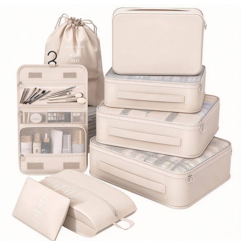 lot 4256 image: 8 Set Packing Cubes for Travel,Suitcase Organizer Bags for Luggage with Shoe & Hanging Toiletry Bag, Vacation Essentials & Accessories for Cruise Ship, Airplane Must-Have,Road Trip & Camp Gifts(Cream)