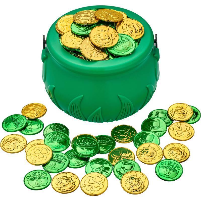 lot 12063 image: JOYIN 209PCS St Patrick��s Day Pot of Gold Set, 208 Lucky Leprechaun Plastic Coins and 1 Green Cauldron with Handle Saint Patricks Party Supplies