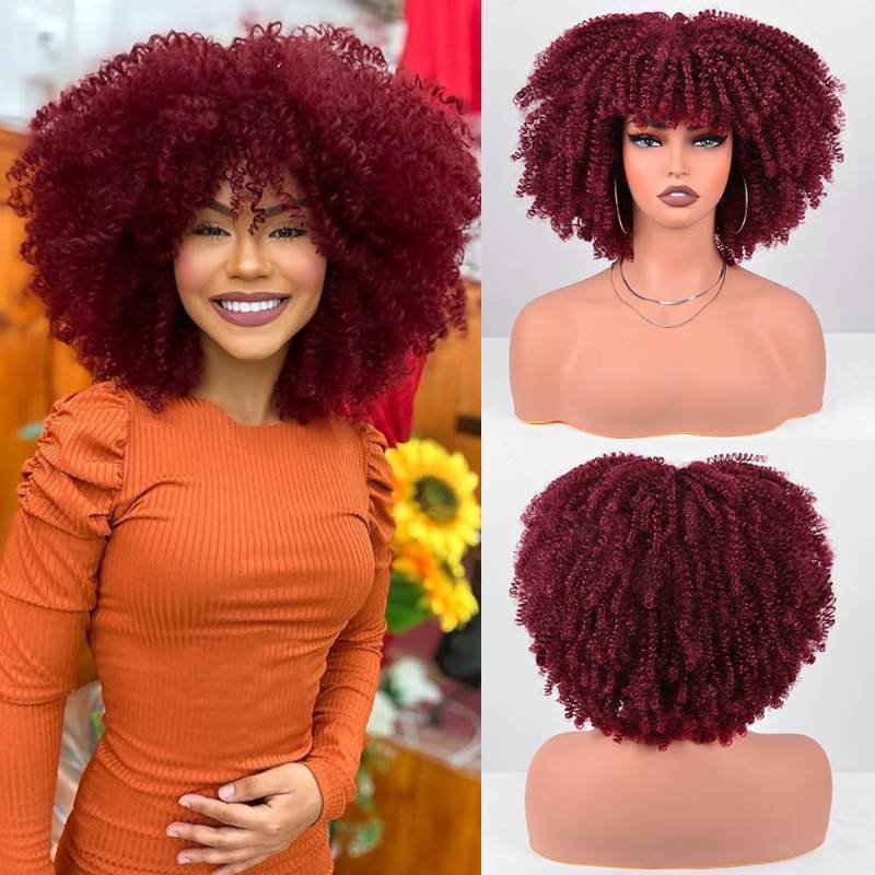 lot 4268 image: Vitorish Short Kinky Curly Wigs for Black Women 12 Inches 280gPiece Curly Afro Wig with Bangs Bouncy Fluffy Synthetic Wig (Burgundy)