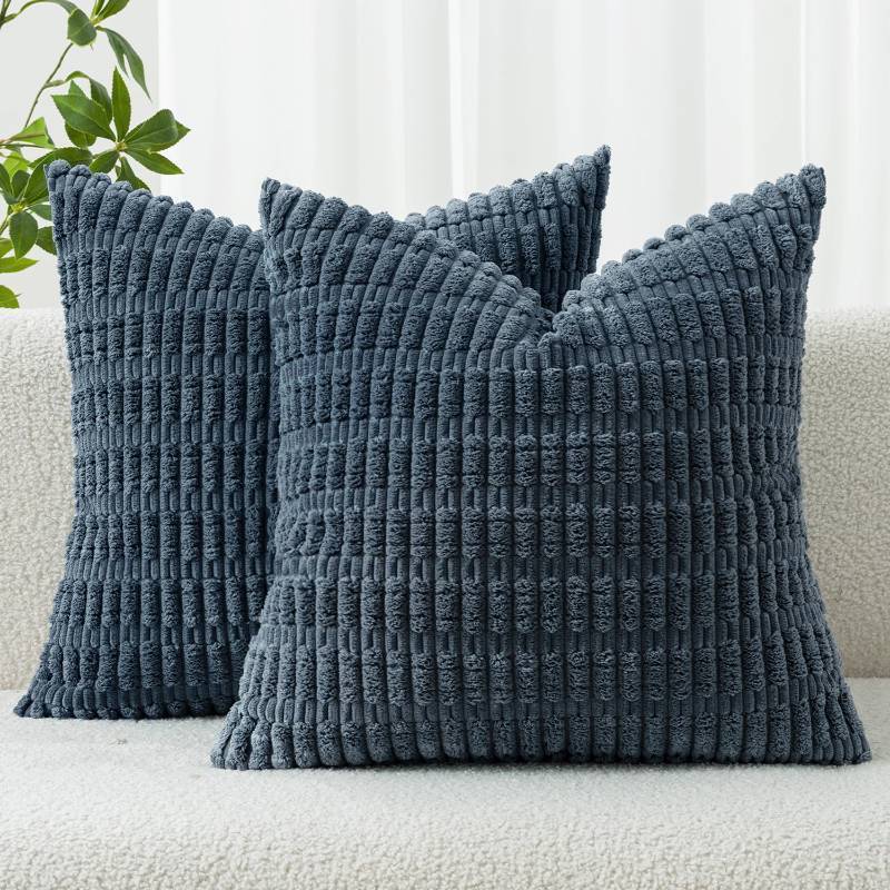 lot 4269 image: MIULEE Pack of 2 Corduroy Decorative Throw Pillow Covers 18x18 Inch Soft Boho Striped Pillow Covers Modern Farmhouse Home Decor for Summer Coastal Sofa Living Room Couch Bed Blue