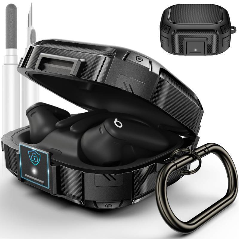 lot 4271 image: Upgrade Secure Lock for Beats Powerbeats Pro 2 Case Cover, LDSXAY Carbon Fiber Shockproof Protective Cover for Powerbeats Pro 2 2025 with Cleaner Kit & Carabiner (Black)