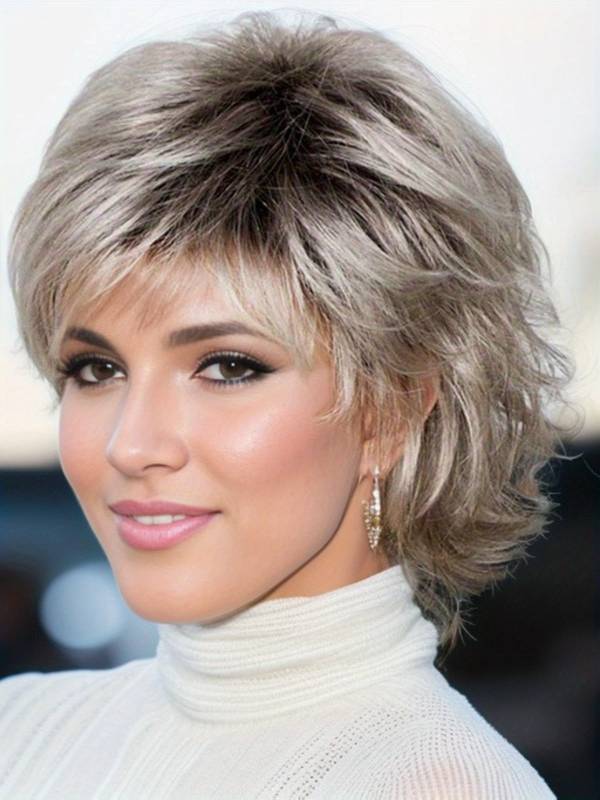 lot 4272 image: TISHINING Pixie Cut Short Ombre Gray Curly Wigs for White Women Fluffy Layered Mixed Grey Wig with Bangs Natural Looking Synthetic Daily Party Wig