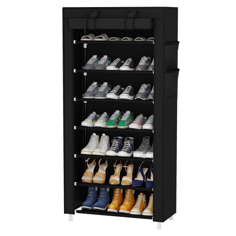 lot 13837 image: Calmootey 7 Tier Shoe Rack Organizer,Portable Shoe Shelf with Nonwoven Fabric Cover for Closet Hallway,Bedroom,Entryway,Black